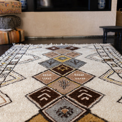White Azilal Rug – Handmade Moroccan Wool Carpet with Colorful Diamond Patterns