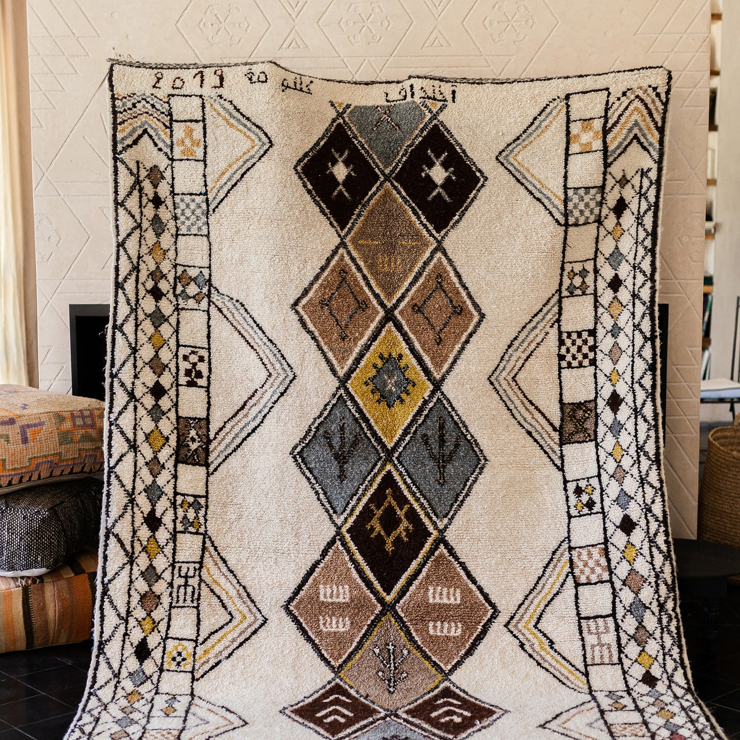 White Azilal Rug – Handmade Moroccan Wool Carpet with Colorful Diamond Patterns